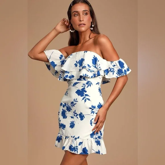 Lulus TALIA Blue & White Floral Off Shoulder Mini Dress - Large - Picture 1 of 12